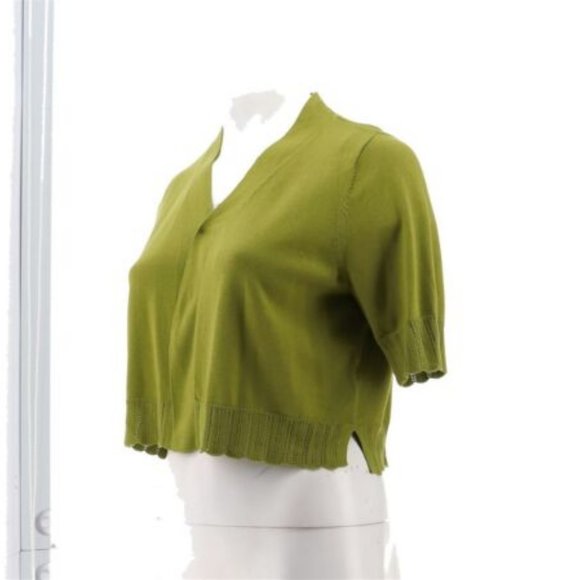 NWT ISAAC MIZRAHI SCALLOP TRIM OPEN FRONT CARDIGAN SWEATER CAPER GREEN XS - Picture 2 of 9